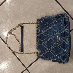 Twin-Set Blue Quilted Denim Shoulder Bag with Gold Chain